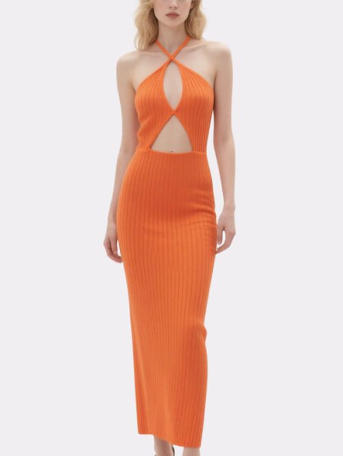 orange-halter-neck-cut-out-ribbed-maxi-dress