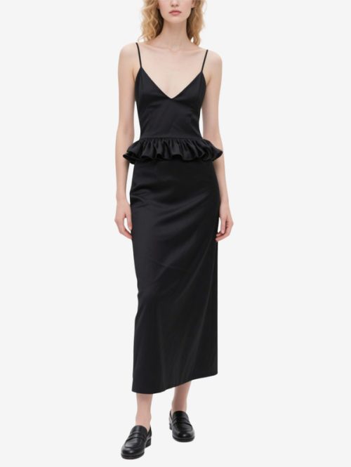 black-satin-peplum-midi-dress-womens-sophisticated-evening-outfit
